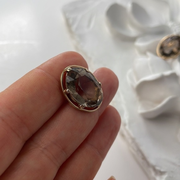 Large Gold Tone Oval Smokey Quartz Cufflinks Vintage - Picture 6 of 8